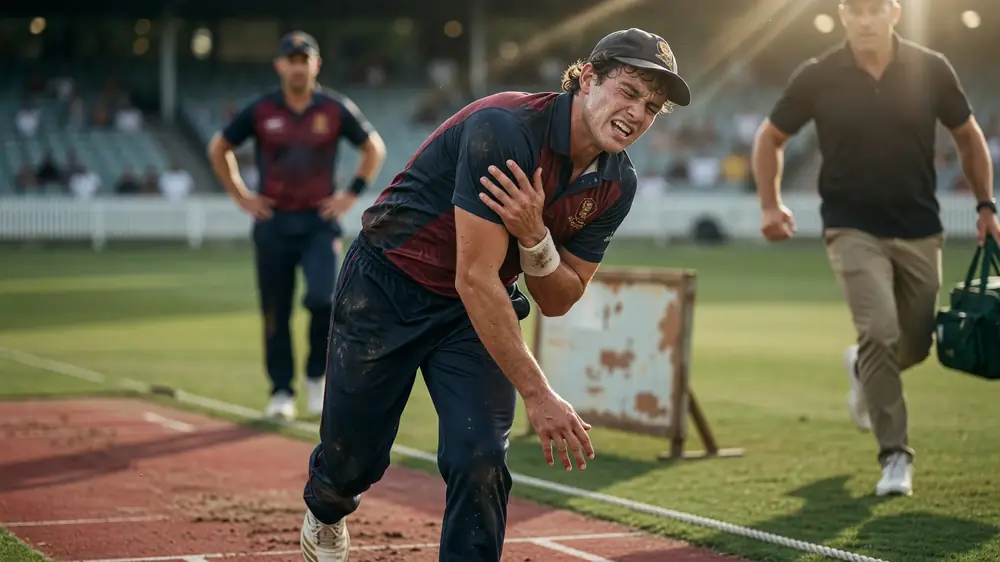 Left-arm seam bowler in mid-delivery stride on a floodlit pitch, front arm high, ball released toward the batter with shallow sideline focus