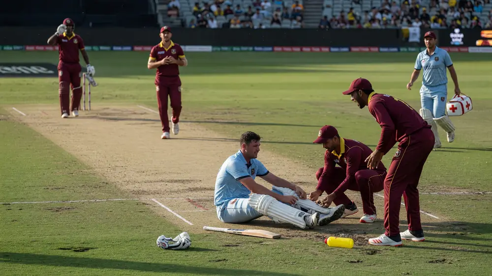 Medium view of fielders set in catching and cover positions as a batter and non-striker reset between balls on a dry white-ball surface