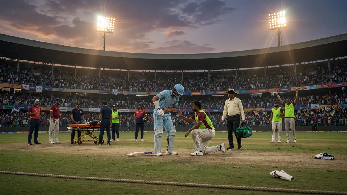 Wide night view of a packed cricket ground with floodlights over a green outfield, empty pitch markings and stands filled under a dark sky