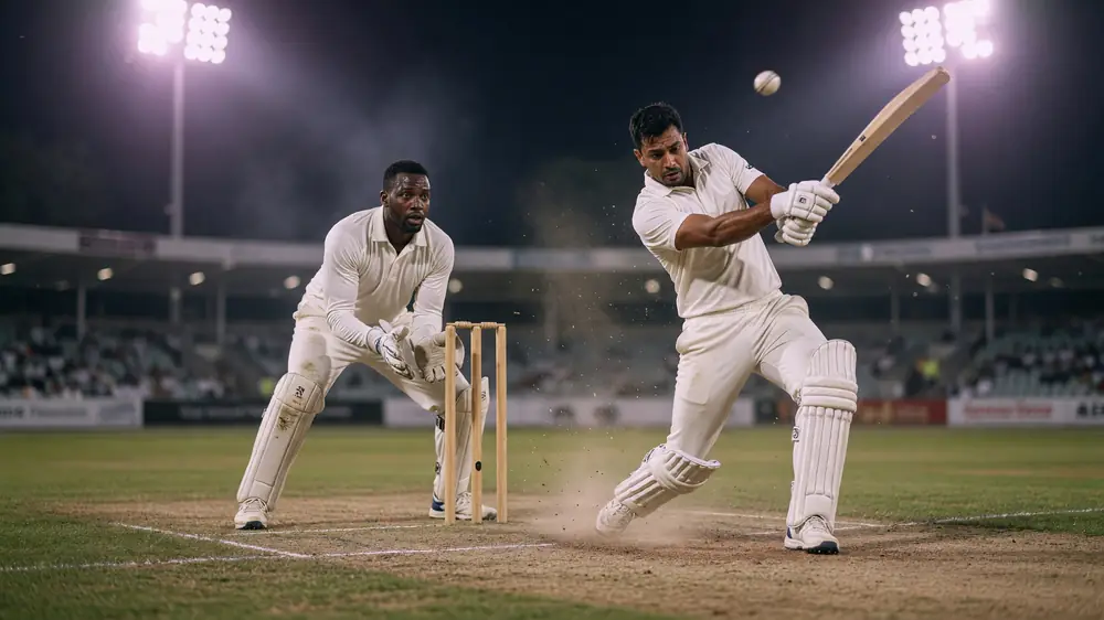 Wicketkeeper crouching behind the stumps under floodlights as a right-handed batter shapes to play a short delivery, grass and crease dust visible