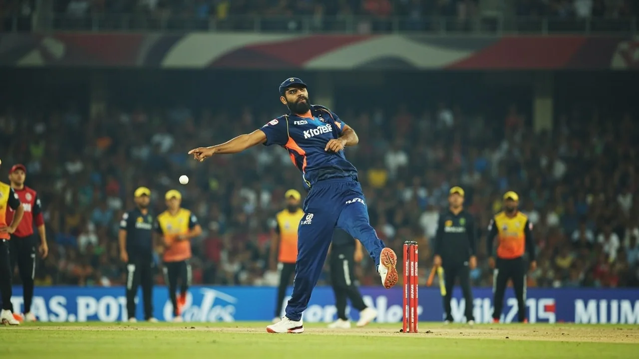 Indian spinner running through the crease on a turning subcontinental wicket, three fielders in catching positions on the leg side, captain at mid-off with hands on hips watching the ball