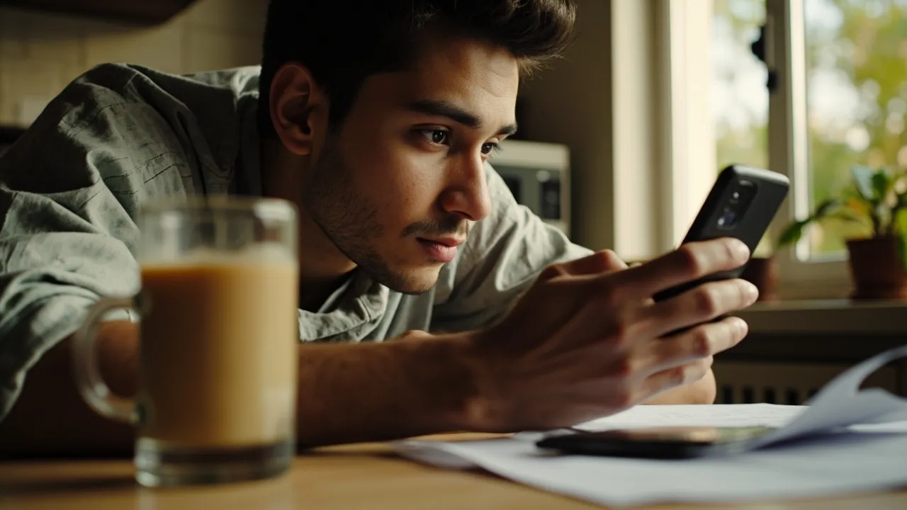 A young adult at a sunlit kitchen table reviewing offer terms on a smartphone beside a printout, illustrating the careful consumer review recommended before signing up for any fantasy sports offer