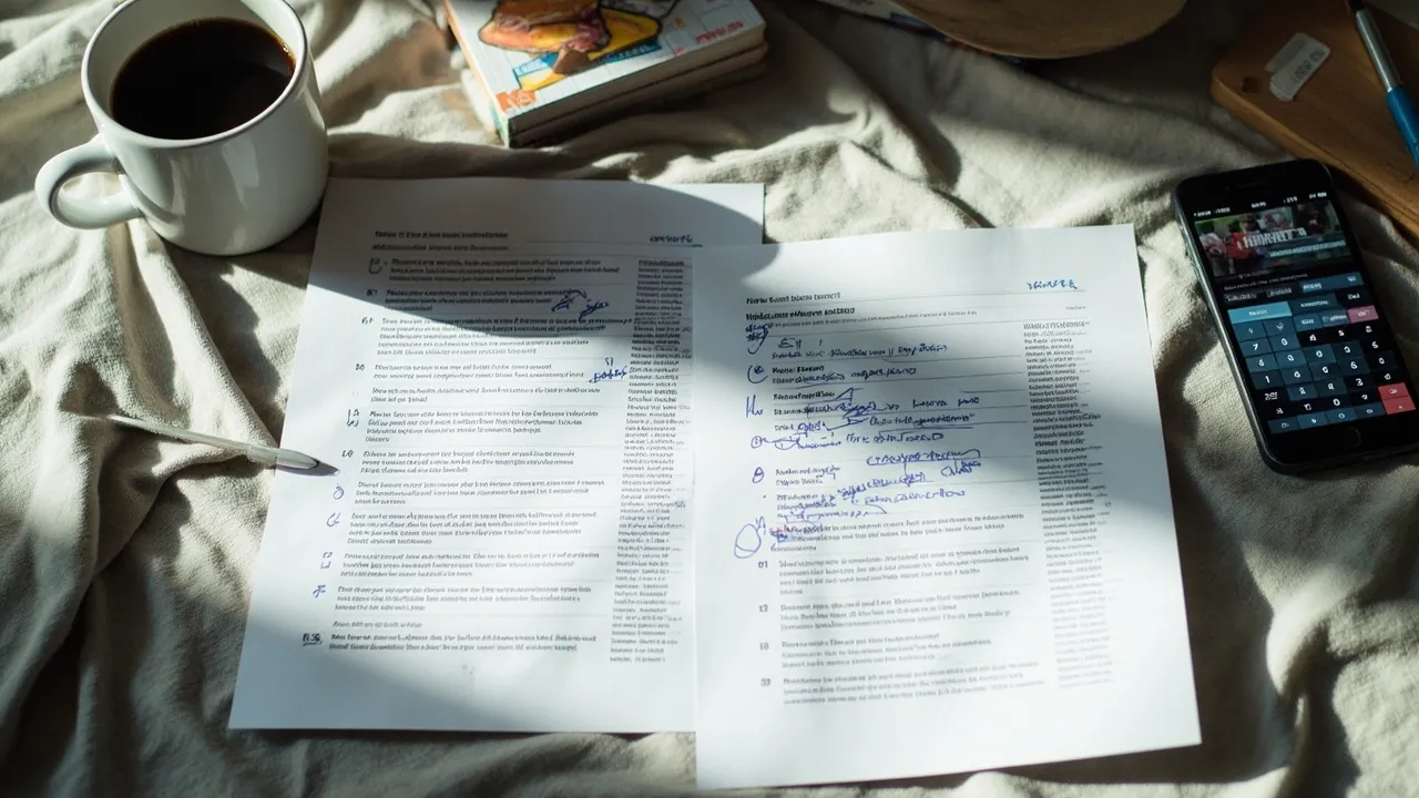 Overhead still-life of two fantasy sports offer term sheets spread on a desk beside a smartphone, coffee cup and notepad, used here to illustrate the side-by-side comparison routine recommended in the guide