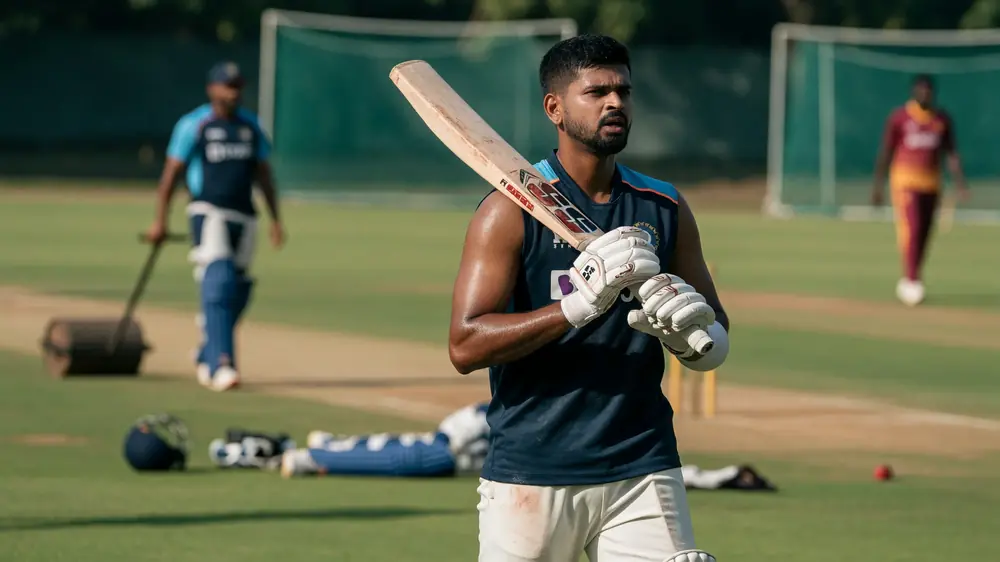 Batter in a navy sleeveless training top and white trousers holding a cricket bat over his shoulder during outdoor practice, wearing white gloves with other players blurred on the field behind him