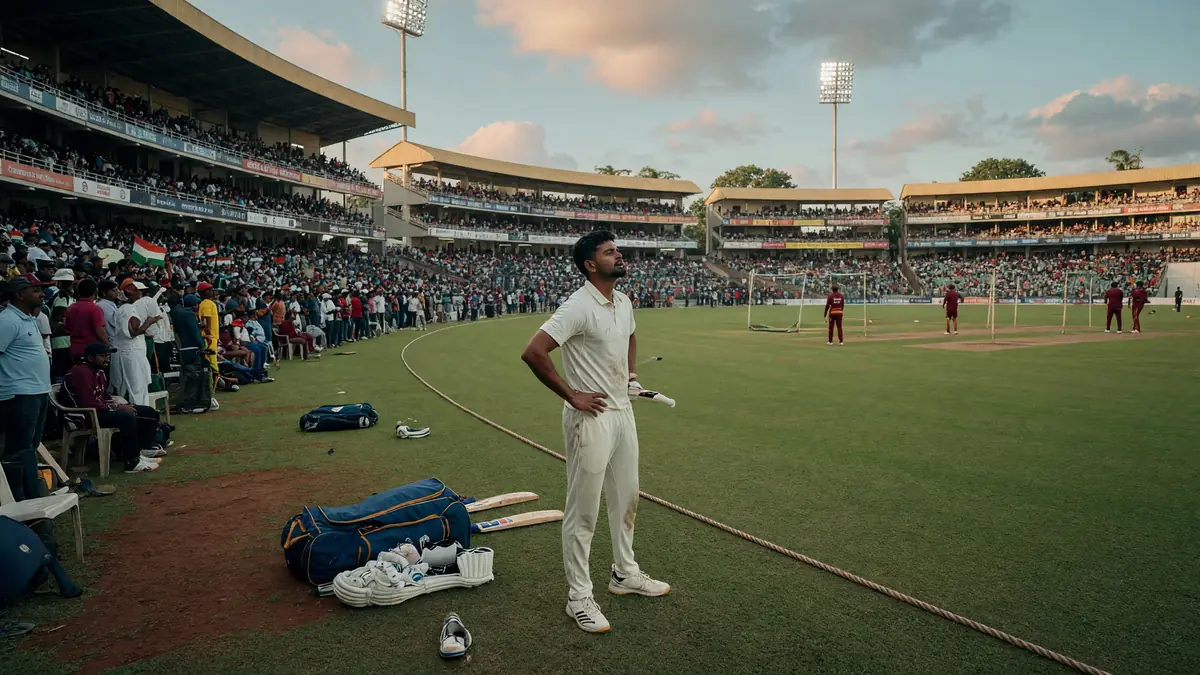 Cricketer in white kit standing on a stadium boundary at dusk with hands on hips, blue kit bag and pads on the grass, packed stands and maroon-clad fielders on the pitch beyond
