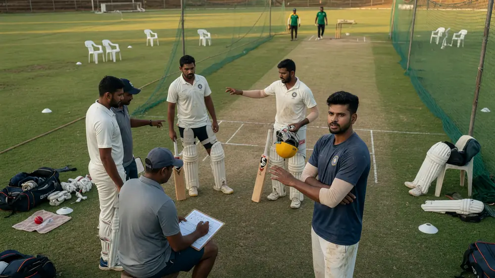 Group of cricketers in white and navy practice kits gathered beside a netted outdoor pitch, one player holding a yellow helmet while a coach with a clipboard sits on the grass