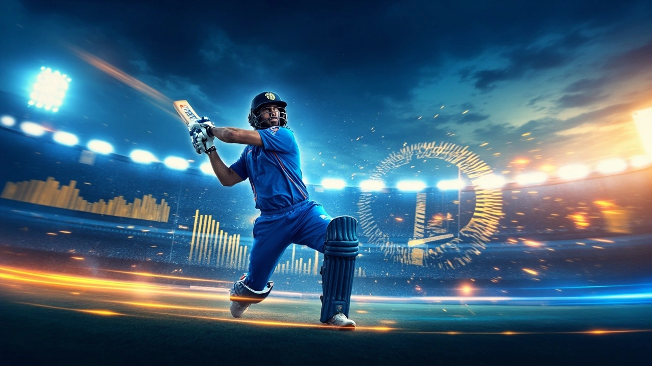 Virat Kohli batting under IPL 2026 stadium lights with fantasy points dashboard overlay — Cricgram India